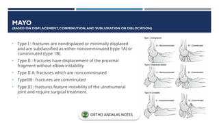 MAYO
(BASED ON DISPLACEMENT, COMMINUTION,AND SUBLUXATION OR DISLOCATION)
• Type I : fractures are nondisplaced or minimally displaced
and are subclassified as either noncomminuted (type 1A) or
comminuted (type 1B).
• Type II : fractures have displacement of the proximal
fragment without elbow instability
• Type II A: fractures which are noncomminuted
• TypeIIB : fractures are comminuted
• Type III : fractures feature instability of the ulnohumeral
joint and require surgical treatment.
ORTHO ANDALAS NOTES
 