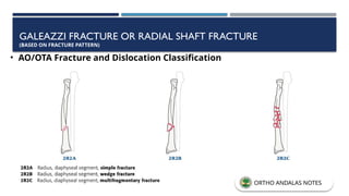 GALEAZZI FRACTURE OR RADIAL SHAFT FRACTURE
(BASED ON FRACTURE PATTERN)
• AO/OTA Fracture and Dislocation Classification
ORTHO ANDALAS NOTES
 