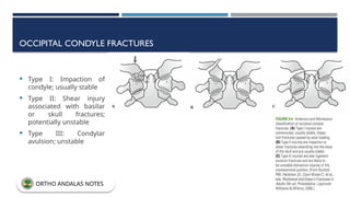 OCCIPITAL CONDYLE FRACTURES
 Type I: Impaction of
condyle; usually stable
 Type II: Shear injury
associated with basilar
or skull fractures;
potentially unstable
 Type III: Condylar
avulsion; unstable
ORTHO ANDALAS NOTES
 
