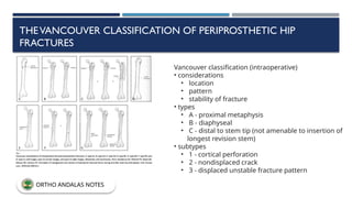THEVANCOUVER CLASSIFICATION OF PERIPROSTHETIC HIP
FRACTURES
Vancouver classification (intraoperative)
• considerations
• location
• pattern
• stability of fracture
• types
• A - proximal metaphysis
• B - diaphyseal
• C - distal to stem tip (not amenable to insertion of
longest revision stem)
• subtypes
• 1 - cortical perforation
• 2 - nondisplaced crack
• 3 - displaced unstable fracture pattern
ORTHO ANDALAS NOTES
 