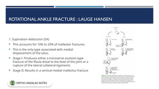 ROTATIONAL ANKLE FRACTURE : LAUGE HANSEN
1. Supination–Adduction (SA)
 This accounts for 10% to 20% of malleolar fractures.
 This is the only type associated with medial
displacement of the talus.
 Stage I: Produces either a transverse avulsion-type
fracture of the fibula distal to the level of the joint or a
rupture of the lateral collateral ligaments
 Stage II: Results in a vertical medial malleolus fracture
ORTHO ANDALAS NOTES
 