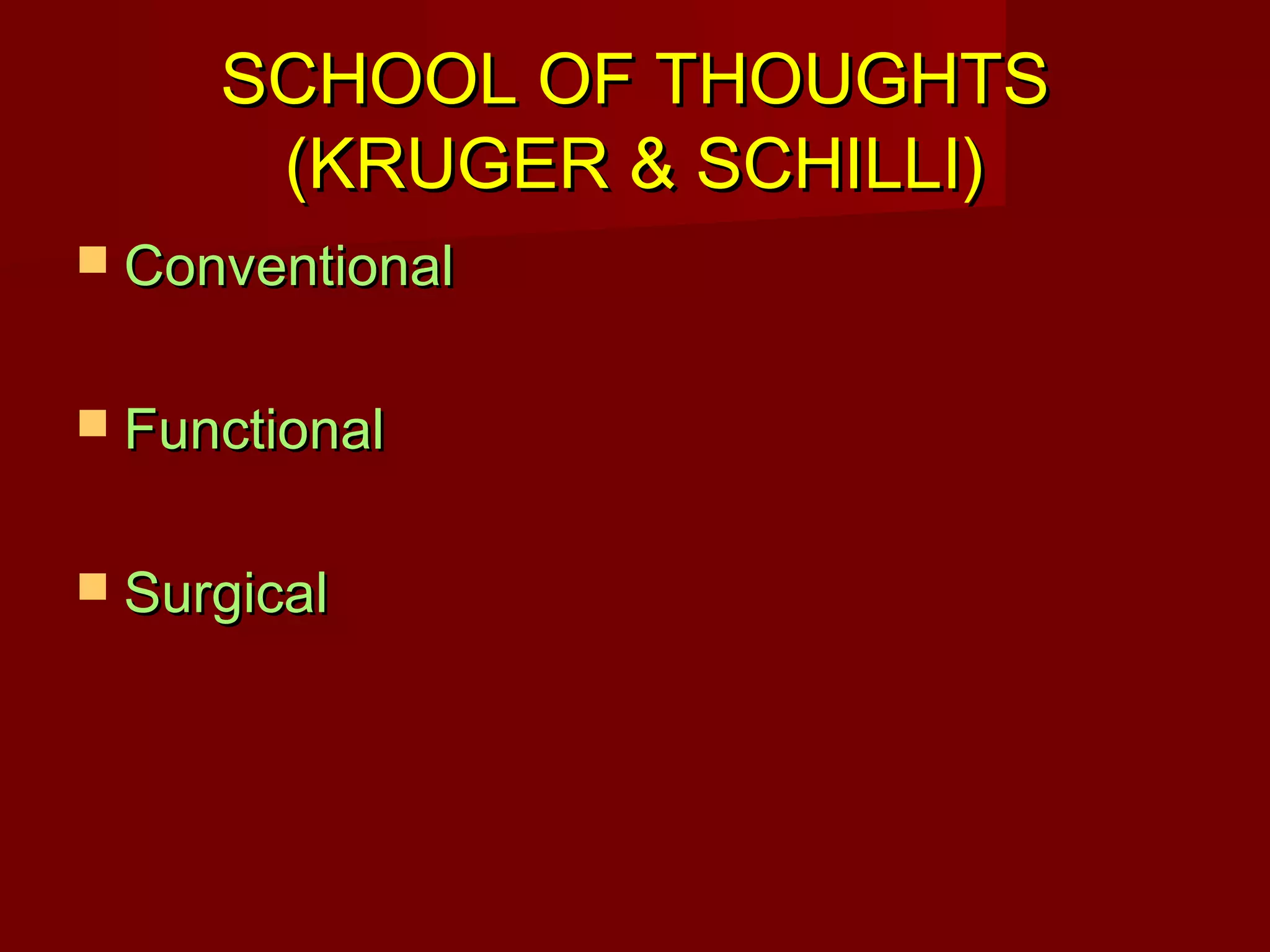 SSCCHHOOOOLL OOFF TTHHOOUUGGHHTTSS 
((KKRRUUGGEERR && SSCCHHIILLLLII)) 
 CCoonnvveennttiioonnaall 
 FFuunnccttiioonnaall 
 SSuurrggiiccaall 
 