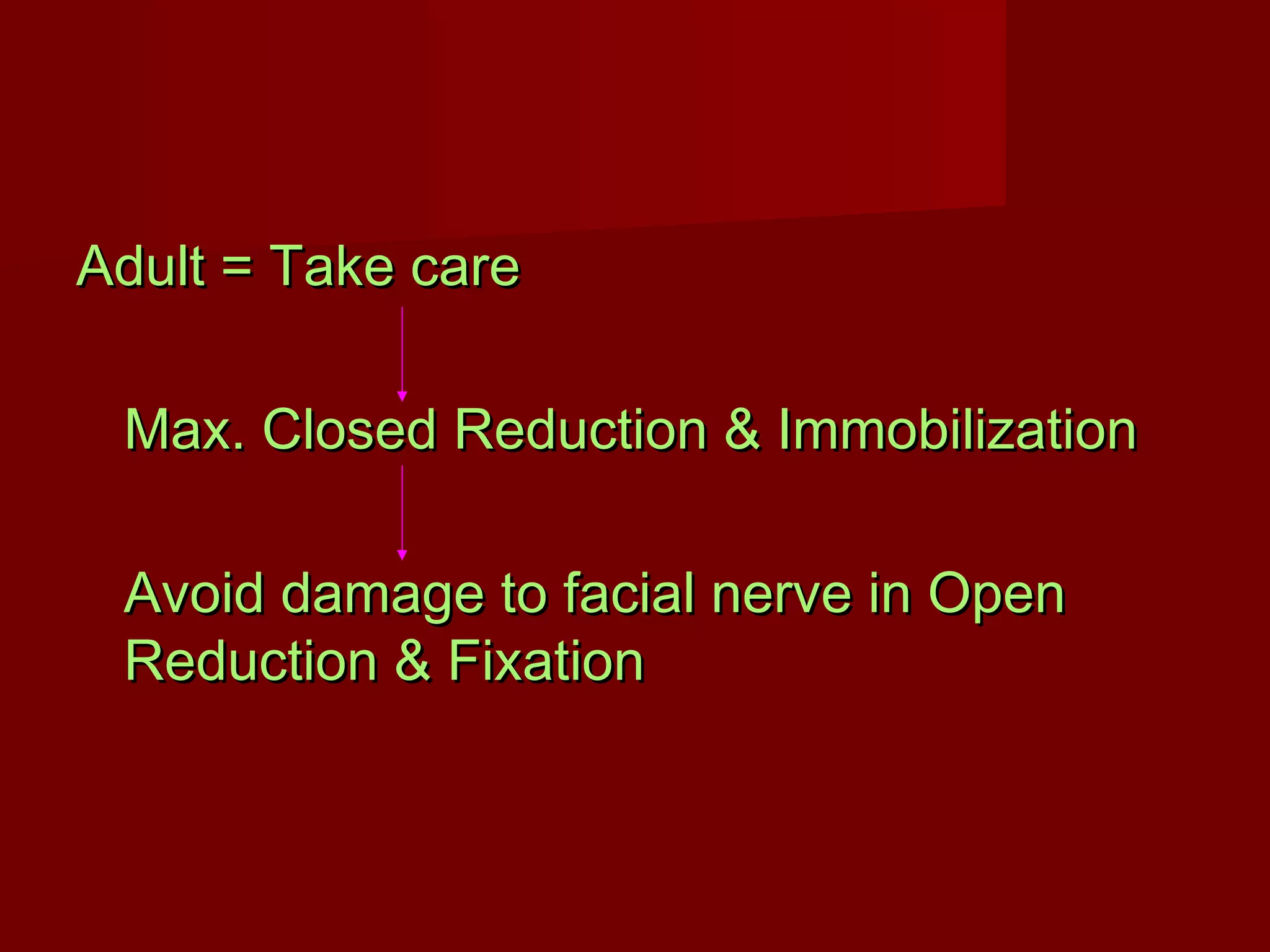 AAdduulltt == TTaakkee ccaarree 
MMaaxx.. CClloosseedd RReedduuccttiioonn && IImmmmoobbiilliizzaattiioonn 
AAvvooiidd ddaammaaggee ttoo ffaacciiaall nneerrvvee iinn OOppeenn 
RReedduuccttiioonn && FFiixxaattiioonn 
 