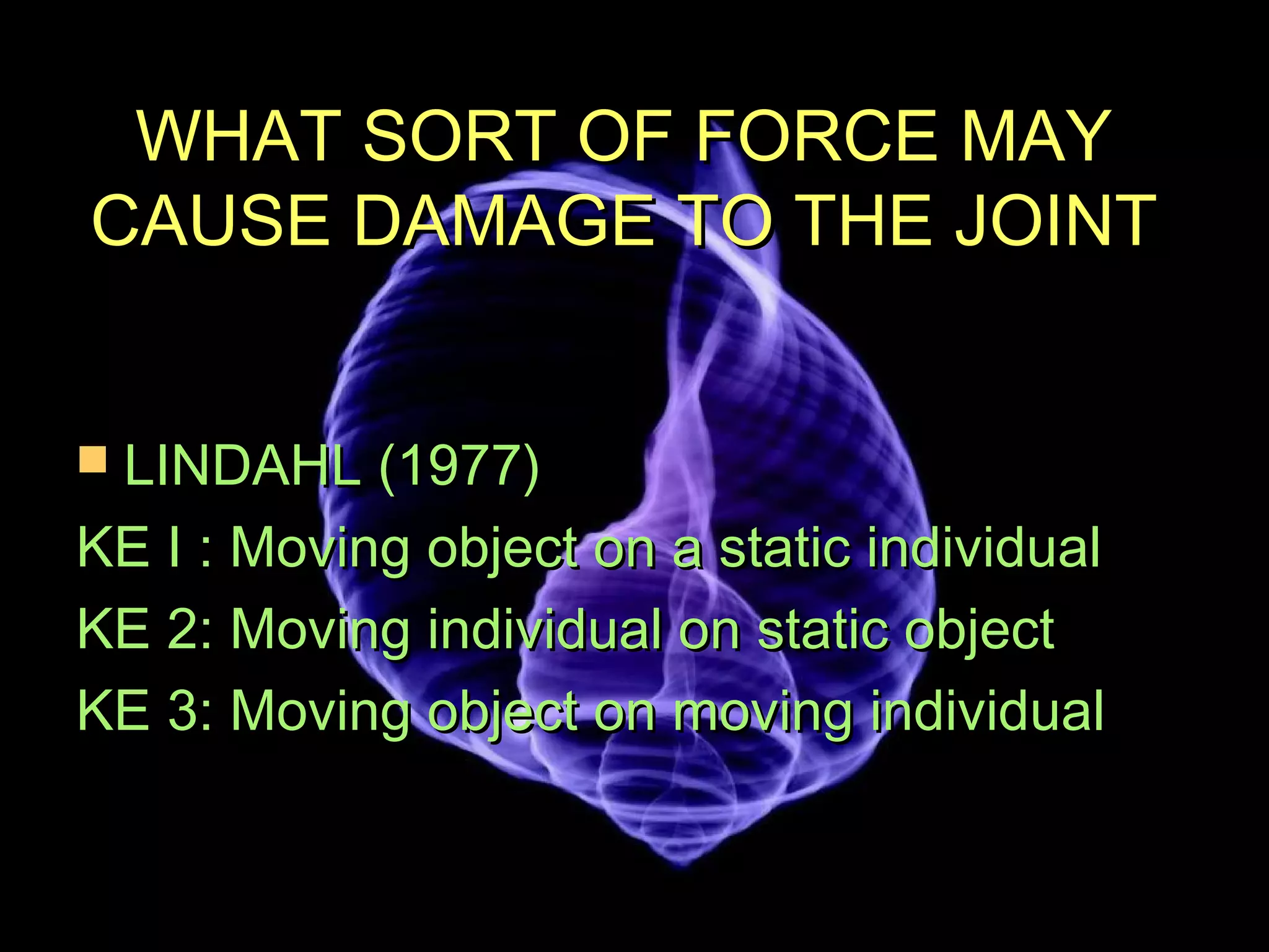 WWHHAATT SSOORRTT OOFF FFOORRCCEE MMAAYY 
CCAAUUSSEE DDAAMMAAGGEE TTOO TTHHEE JJOOIINNTT 
 LLIINNDDAAHHLL ((11997777)) 
KKEE II :: MMoovviinngg oobbjjeecctt oonn aa ssttaattiicc iinnddiivviidduuaall 
KKEE 22:: MMoovviinngg iinnddiivviidduuaall oonn ssttaattiicc oobbjjeecctt 
KKEE 33:: MMoovviinngg oobbjjeecctt oonn mmoovviinngg iinnddiivviidduuaall 
 