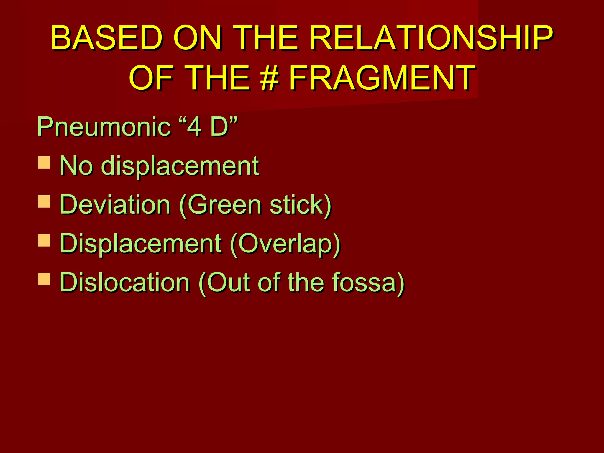 BASED OONN TTHHEE RREELLAATTIIOONNSSHHIIPP 
OOFF TTHHEE ## FFRRAAGGMMEENNTT 
PPnneeuummoonniicc ““44 DD”” 
 NNoo ddiissppllaacceemmeenntt 
 DDeevviiaattiioonn ((GGrreeeenn ssttiicckk)) 
 DDiissppllaacceemmeenntt ((OOvveerrllaapp)) 
 DDiissllooccaattiioonn ((OOuutt ooff tthhee ffoossssaa)) 
 