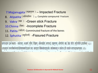 7.Majjanugata – Impacted Fracture
8. Atipatita – Complete compoumd Fracture
9. Vakra -Green stick Fracture
10.Chinna -Incomplete Fracture
11. Patita Comminuted fracture of the bones
12. Sphutita -Fissured Fracture
Fracture & Dislocation in Ayurved-Dr Mahesh Kumar 1115-09-2020
 