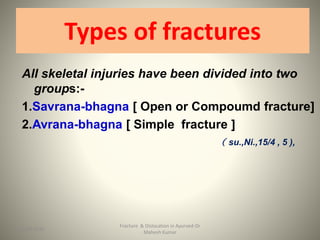 Types of fractures
All skeletal injuries have been divided into two
groups:-
1.Savrana-bhagna [ Open or Compoumd fracture]
2.Avrana-bhagna [ Simple fracture ]
su.,Ni.,15/4 , 5 ),
Fracture & Dislocation in Ayurved-Dr
Mahesh Kumar
715-09-2020
 