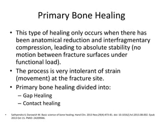 Primary Bone Healing
• This type of healing only occurs when there has
been anatomical reduction and interfragmentary
compression, leading to absolute stability (no
motion between fracture surfaces under
functional load).
• The process is very intolerant of strain
(movement) at the fracture site.
• Primary bone healing divided into:
– Gap Healing
– Contact healing
• Sathyendra V, Darowish M. Basic science of bone healing. Hand Clin. 2013 Nov;29(4):473-81. doi: 10.1016/j.hcl.2013.08.002. Epub
2013 Oct 15. PMID: 24209946.
 
