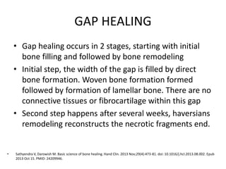 GAP HEALING
• Gap healing occurs in 2 stages, starting with initial
bone filling and followed by bone remodeling
• Initial step, the width of the gap is filled by direct
bone formation. Woven bone formation formed
followed by formation of lamellar bone. There are no
connective tissues or fibrocartilage within this gap
• Second step happens after several weeks, haversians
remodeling reconstructs the necrotic fragments end.
• Sathyendra V, Darowish M. Basic science of bone healing. Hand Clin. 2013 Nov;29(4):473-81. doi: 10.1016/j.hcl.2013.08.002. Epub
2013 Oct 15. PMID: 24209946.
 