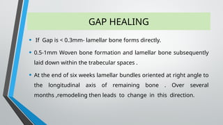 GAP HEALING
• If Gap is < 0.3mm- lamellar bone forms directly.
• 0.5-1mm Woven bone formation and lamellar bone subsequently
laid down within the trabecular spaces .
• At the end of six weeks lamellar bundles oriented at right angle to
the longitudinal axis of remaining bone . Over several
months ,remodeling then leads to change in this direction.
 