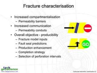 Carbonate heterolithic classification/12
• Increased compartmentalisation
– Permeability barriers
• Increased communication
– Permeability conduits
• Overall objective - producibility
– Fracture model inputs
– Fault seal predictions
– Production enhancement
– Completion strategy
– Selection of perforation intervals
GO
Fracture characterisation
 