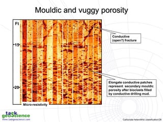 Carbonate heterolithic classification/28
15
20
Ft
Elongate conductive patches
represent secondary mouldic
porosity after bioclasts filled
by conductive drilling mud.
Conductive
(open?) fracture
Micro-resistivity
Mouldic and vuggy porosity
 