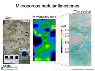 Carbonate heterolithic classification/30
_ 3.41
_ 1.64
_ 2.35
_ 0.21
_ 0.75
_ 2.81
_ 1.81
Log K
Permeability map
Thin section
Core
Microporous nodular limestones
 