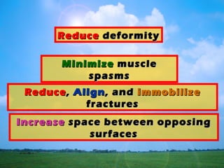 MinimizeMinimize musclemuscle
spasmsspasms
ReduceReduce,, AlignAlign, and, and immobilizeimmobilize
fracturesfractures
ReduceReduce deformitydeformity
IncreaseIncrease space between opposingspace between opposing
surfacessurfaces
 
