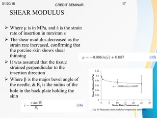 01/20/16 CREDIT SEMINAR 17
SHEAR MODULUS
 Where μ is in MPa, and έ is the strain
rate of insertion in mm/mm s
 The shear modulus decreased as the
strain rate increased, confirming that
the porcine skin shows shear
thinning
 It was assumed that the tissue
strained perpendicular to the
insertion direction
 Where β is the major bevel angle of
the needle, & RS is the radius of the
hole in the back plate holding the
skin
Fig. 19 Measured shear modulus compared to strain rate
 