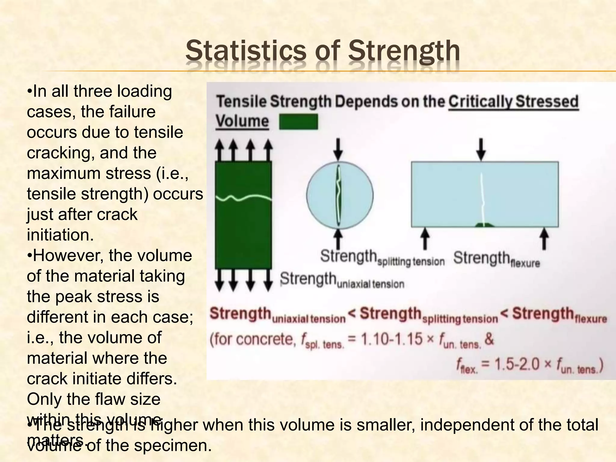 Statistics of Strength
•In all three loading
cases, the failure
occurs due to tensile
cracking, and the
maximum stress (i.e.,
tensile strength) occurs
just after crack
initiation.
•However, the volume
of the material taking
the peak stress is
different in each case;
i.e., the volume of
material where the
crack initiate differs.
Only the flaw size
within this volume
matters.
•The strength is higher when this volume is smaller, independent of the total
volume of the specimen.
 