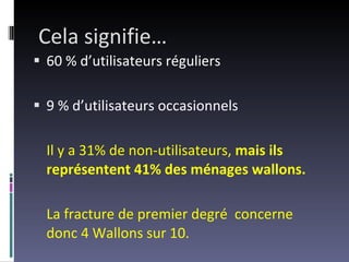Cela signifie… 60 % d’utilisateurs réguliers 9 % d’utilisateurs occasionnels Il y a 31% de non-utilisateurs,  mais ils représentent 41% des ménages wallons. La fracture de premier degré  concerne  donc 4 Wallons sur 10. 