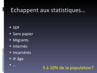 Echappent aux statistiques… SDF Sans papier Migrants Internés Incarcérés 4 e  âge … 5 à 10% de la population? 