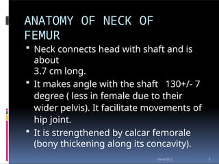 ANATOMY OF NECK OF
FEMUR
5
10/16/2012
 Neck connects head with shaft and is
about
3.7 cm long.
 It makes angle with the shaft 130+/- 7
degree ( less in female due to their
wider pelvis). It facilitate movements of
hip joint.
 It is strengthened by calcar femorale
(bony thickening along its concavity).
 