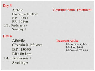 Day 3
Afebrile Continue Same Treatment
C/o pain in left knee
B.P : 136/84
P.R : 80 bpm
L/E : Tenderness +
Swelling +
Day 4
Afebrile
C/o pain in left knee
B.P : 130/90
P.R : 80 bpm
L/E : Tenderness +
Swelling +
 