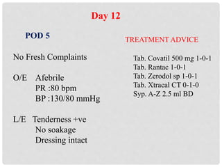 Day 12
POD 5
No Fresh Complaints
O/E Afebrile
PR :80 bpm
BP :130/80 mmHg
L/E Tenderness +ve
No soakage
Dressing intact
TREATMENT ADVICE
Tab. Covatil 500 mg 1-0-1
Tab. Rantac 1-0-1
Tab. Zerodol sp 1-0-1
Tab. Xtracal CT 0-1-0
Syp. A-Z 2.5 ml BD
 