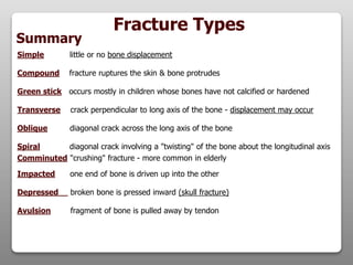 Fracture Types
Simple little or no bone displacement
Compound fracture ruptures the skin & bone protrudes
Green stick occurs mostly in children whose bones have not calcified or hardened
Transverse crack perpendicular to long axis of the bone - displacement may occur
Oblique diagonal crack across the long axis of the bone
Spiral diagonal crack involving a "twisting" of the bone about the longitudinal axis
Comminuted "crushing" fracture - more common in elderly
Impacted one end of bone is driven up into the other
Depressed broken bone is pressed inward (skull fracture)
Avulsion fragment of bone is pulled away by tendon
Summary
 