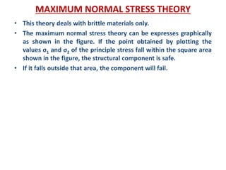 MAXIMUM NORMAL STRESS THEORY
• This theory deals with brittle materials only.
• The maximum normal stress theory can be expresses graphically
as shown in the figure. If the point obtained by plotting the
values σ1 and σ2 of the principle stress fall within the square area
shown in the figure, the structural component is safe.
• If it falls outside that area, the component will fail.
 