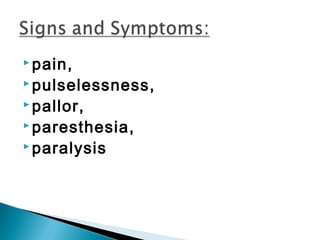  pain,
 pulselessness,
 pallor,
 paresthesia,
 paralysis
 