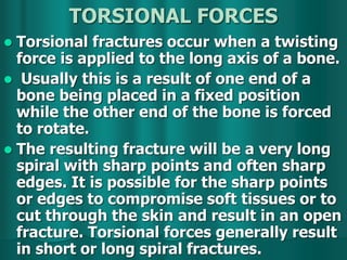TORSIONAL FORCES
 Torsional fractures occur when a twisting
force is applied to the long axis of a bone.
 Usually this is a result of one end of a
bone being placed in a fixed position
while the other end of the bone is forced
to rotate.
 The resulting fracture will be a very long
spiral with sharp points and often sharp
edges. It is possible for the sharp points
or edges to compromise soft tissues or to
cut through the skin and result in an open
fracture. Torsional forces generally result
in short or long spiral fractures.
 