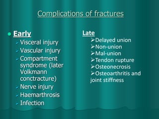 Complications of fractures
 Early
 Visceral injury
 Vascular injury
 Compartment
syndrome (later
Volkmann
conctracture)
 Nerve injury
 Haemarthrosis
 Infection
Late
Delayed union
Non-union
Mal-union
Tendon rupture
Osteonecrosis
Osteoarthritis and
joint stiffness
 