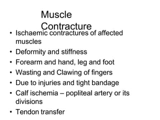 Muscle
Contracture
• Ischaemic contractures of affected
muscles
• Deformity and stiffness
• Forearm and hand, leg and foot
• Wasting and Clawing of fingers
• Due to injuries and tight bandage
• Calf ischemia – popliteal artery or its
divisions
• Tendon transfer
 