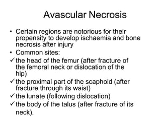 Avascular Necrosis
• Certain regions are notorious for their
propensity to develop ischaemia and bone
necrosis after injury
• Common sites:
the head of the femur (after fracture of
the femoral neck or dislocation of the
hip)
the proximal part of the scaphoid (after
fracture through its waist)
the lunate (following dislocation)
the body of the talus (after fracture of its
neck).
 