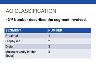 AO CLASSIFICATION
• 2nd Number describes the segment involved.
SEGMENT NUMBER
Proximal 1
Diaphyseal 2
Distal 3
Malleolar (only in tibia,
fibula)
4
 