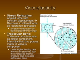 ViscoelasticityViscoelasticity
 Stress RelaxationStress Relaxation::
Applied force withApplied force with
constant displacementconstant displacement 
Decrease in internal forceDecrease in internal force
as resistance decreasesas resistance decreases
 resistance decreases asresistance decreases as
fluid is forced from syringefluid is forced from syringe
 Trabecular BoneTrabecular Bone ::
Trabecular structure actsTrabecular structure acts
as elastic component,as elastic component,
Interstitial fluid thru porousInterstitial fluid thru porous
matrix is viscousmatrix is viscous
componentcomponent
 Under higher loading rateUnder higher loading rate
there is resistance to flowthere is resistance to flow
thus increased internalthus increased internal
pressure thus increasedpressure thus increased
stiffness of bonestiffness of bone
 