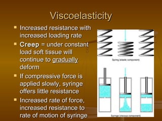 ViscoelasticityViscoelasticity
 Increased resistance withIncreased resistance with
increased loading rateincreased loading rate
 CreepCreep = under constant= under constant
load soft tissue willload soft tissue will
continue tocontinue to graduallygradually
deformdeform
 If compressive force isIf compressive force is
applied slowly, syringeapplied slowly, syringe
offers little resistanceoffers little resistance
 Increased rate of force,Increased rate of force,
increased resistance toincreased resistance to
rate of motion of syringerate of motion of syringe
 