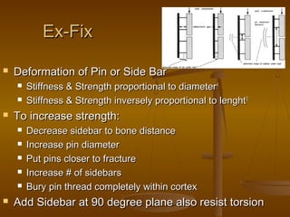 Ex-FixEx-Fix
 Deformation of Pin or Side BarDeformation of Pin or Side Bar
 Stiffness & Strength proportional to diameterStiffness & Strength proportional to diameter44
 Stiffness & Strength inversely proportional to lenghtStiffness & Strength inversely proportional to lenght33
 To increase strength:To increase strength:
 Decrease sidebar to bone distanceDecrease sidebar to bone distance
 Increase pin diameterIncrease pin diameter
 Put pins closer to fracturePut pins closer to fracture
 Increase # of sidebarsIncrease # of sidebars
 Bury pin thread completely within cortexBury pin thread completely within cortex
 Add Sidebar at 90 degree plane also resist torsionAdd Sidebar at 90 degree plane also resist torsion
 