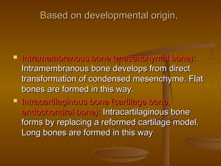 Based on developmental origin,Based on developmental origin,
 Intramembranous bone (mesenchymal bone):Intramembranous bone (mesenchymal bone):
Intramembranous bone develops from directIntramembranous bone develops from direct
transformation of condensed mesenchyme. Flattransformation of condensed mesenchyme. Flat
bones are formed in this way.bones are formed in this way.
 Intracartilaginous bone (cartilage bone,Intracartilaginous bone (cartilage bone,
endochondral bone):endochondral bone): Intracartilaginous boneIntracartilaginous bone
forms by replacing a reformed cartilage model.forms by replacing a reformed cartilage model.
Long bones are formed in this wayLong bones are formed in this way
 