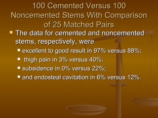 100 Cemented Versus 100100 Cemented Versus 100
Noncemented Stems With ComparisonNoncemented Stems With Comparison
of 25 Matched Pairsof 25 Matched Pairs
 The data for cemented and noncementedThe data for cemented and noncemented
stems, respectively, werestems, respectively, were
 excellent to good result in 97% versus 88%;excellent to good result in 97% versus 88%;
 thigh pain in 3% versus 40%;thigh pain in 3% versus 40%;
 subsidence in 0% versus 22%;subsidence in 0% versus 22%;
 and endosteal cavitation in 6% versus 12%.and endosteal cavitation in 6% versus 12%.
 