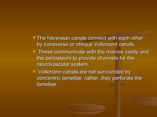  The haversian canals connect with each otherThe haversian canals connect with each other
by transverse or oblique Volkmann canals.by transverse or oblique Volkmann canals.
 These communicate with the marrow cavity andThese communicate with the marrow cavity and
the periosteum to provide channels for thethe periosteum to provide channels for the
neurovascular system.neurovascular system.
 Volkmann canals are not surrounded byVolkmann canals are not surrounded by
concentric lamellae; rather, they perforate theconcentric lamellae; rather, they perforate the
lamellae.lamellae.
 