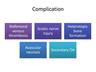 Complication
Iliofemoral
venous
thrombosis
Sciatic nerve
injury
Heterotopic
bone
formation
Avascular
necrosis
Secondary OA
 