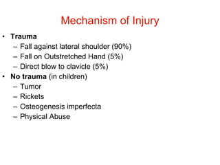 Mechanism of Injury <ul><li>Trauma  </li></ul><ul><ul><li>Fall against lateral shoulder (90%)  </li></ul></ul><ul><ul><li>...