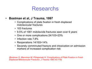 Researchs   <ul><li>Bostman et al, J Trauma, 1997 </li></ul><ul><ul><ul><li>Complications of plate fixation in fresh displ...