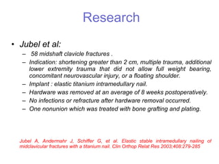 Research <ul><li>Jubel et al: </li></ul><ul><ul><li>58 midshaft clavicle fractures . </li></ul></ul><ul><ul><li>Indication...