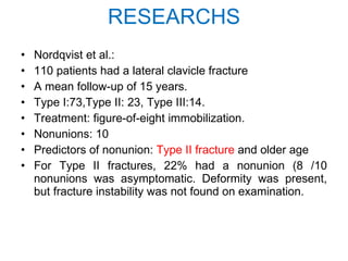 RESEARCHS <ul><li>Nordqvist et al.: </li></ul><ul><li>110 patients had a lateral clavicle fracture </li></ul><ul><li>A mea...