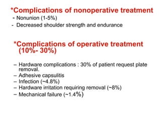 <ul><li>*Complications of nonoperative treatment   </li></ul><ul><li>-  Nonunion (1-5%)  </li></ul><ul><li>-  Decreased sh...