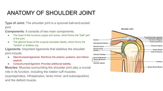 ANATOMY OF SHOULDER JOINT
Type of Joint: The shoulder joint is a synovial ball-and-socket
joint.
Components: It consists of two main components:
● The head of the humerus (upper arm bone), which forms the "ball" part
of the joint.
● The glenoid fossa of the scapula (shoulder blade), which forms the
"socket" or shallow cup.
Ligaments: Important ligaments that stabilize the shoulder
joint include:
● Glenohumeral ligaments: Reinforce the anterior, posterior, and inferior
aspects.
● Coracohumeral ligament: Provides additional stability.
Muscles: Muscles surrounding the shoulder joint play a crucial
role in its function, including the rotator cuff muscles
(supraspinatus, infraspinatus, teres minor, and subscapularis)
and the deltoid muscle.
 