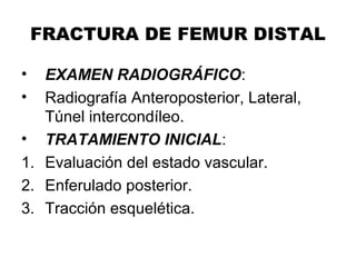 FRACTURA DE FEMUR DISTAL
• EXAMEN RADIOGRÁFICO:
• Radiografía Anteroposterior, Lateral,
Túnel intercondíleo.
• TRATAMIENTO INICIAL:
1. Evaluación del estado vascular.
2. Enferulado posterior.
3. Tracción esquelética.
 