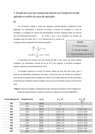 2
1. Estudo da curva de resposta do detetor em função da tensão
aplicada e escolha da zona de operação
b)
Foi construída a tabela 1, onde está registada a tensão aplicada, amplitude do sinal
observado no osciloscópio, o intervalo de tempo, o número de contagens e a taxa de
contagens. A contagem do número de desintegrações da fonte radioativa pode ser descrita
por uma distribuição de Poisson. De forma a que o erro estatístico no número de
contagens seja da ordem dos ε = 3 %, determinou-se o número de
contagens teórico adequado recorrendo à equação 1.
√ 𝑛
𝑛
=
1
√ 𝑛
= ε ⟺
⟺ 0.03 =
1
√ 𝑛
⟺ 𝑛 = 1111
A experiência foi iniciada com uma tensão de 500 V, mas como não foram obtidas
contagens, foi aumentada a tensão de 10 em 10 V até surgirem as primeiras contagens.
Depois, a tensão foi aumentada de 50 em 50 V.
O contador apresenta um limiar de tensão, abaixo do qual este não conta. Com o
decorrer da experiência verificámos este facto. O valor do limiar de tensão (em módulo) a
partir do qual o aparelho fazia contagens era 150 mV e por observação do sinal do osciloscópio
verificamos que o detetor só fazia contagens para sinais com amplitude superior a este mesmo
valor.
Tabela 1: Taxas de contagem, amplitudes de onda, intervalos de tempo e nº de contagens em
função da tensão aplicada. O patamar encontra-se deﬁnido no intervalo [600,900] V.
Tensão Aplicada (V) Amplitude (mV) ∆𝒕 (s) 𝑵 ± ∆𝑵 𝑹 ± ∆𝑹
(s-1
)
500 0,15 100,60 0 0
530 0,17 100,00 0 0
540 0,18 100,01 213 ± 15 2,13 ± 0,15
550 0,20 92,60 1214 ± 35 13,11 ± 0,38
600 0,22 87,02 1203 ± 35 13,82 ± 0,40
650 0,27 84,85 1206 ± 35 14,21 ± 0,42
700 0,30 83,21 1200 ± 35 14,42 ± 0,41
750 0,33 84,06 1200 ± 35 14,27 ± 0,38
800 0,36 86,05 1202 ± 35 13,97 ± 0,40
850 0,40 82,95 1203 ± 35 14,50 ± 0,42
900 0,44 83,18 1205 ± 35 14,49 ± 0,45
Notação
N – Nº de contagens;
R – Taxa de contagens;
R’ – Taxa de contagens sem fundo;
 