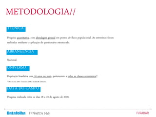 TÉCNICA
Pesquisa quantitativa, com abordagem pessoal em pontos de fluxo populacional. As entrevistas foram
realizadas mediante a aplicação de questionário estruturado.
ABRANGÊNCIA
Nacional.
UNIVERSO
População brasileira com 16 anos ou mais, pertencente a todas as classes econômicas*.
* IBGE (Censo 2000 / Estimativa 2008): 134.435.485 habitantes.
DATA DO CAMPO
Pesquisa realizada entre os dias 18 a 22 de agosto de 2009.
METODOLOGIA//
 