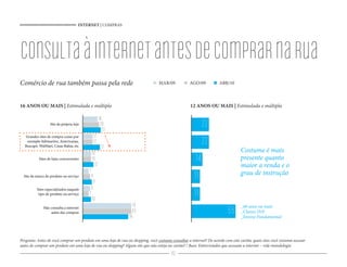INTERNET | COMPRAS
46
Site da própria loja
Sites de lojas concorrentes
Site da marca do produto ou serviço
56
10
11
13
21
22
65
7
9
10
12
20
70
9
7
10
12
18
Grandes sites de compra como por
exemplo Submarino, Americanas,
Buscapé, WalMart, Casas Bahia, etc
Sites especializados naquele
tipo de produto ou serviço
Não consulta a internet
antes das compras
consultaàinternetantesdecomprarnarua
Pergunta: Antes de você comprar um produto em uma loja de rua ou shopping, você costuma consultar a internet? De acordo com este cartão, quais sites você costuma acessar
antes de comprar um produto em uma loja de rua ou shopping? Algum site que não esteja no cartão? / Base: Entrevistados que acessam a internet – vide metodologia
Costume é mais
presente quanto
maior a renda e o
grau de instrução
16 ANOS OU MAIS | Estimulada e múltipla 12 ANOS OU MAIS | Estimulada e múltipla
55
11
11
14
22
22
_60 anos ou mais
_Classes D/E
_Ensino Fundamental
Comércio de rua também passa pela rede AGO/09MAR/09 ABR/10
 